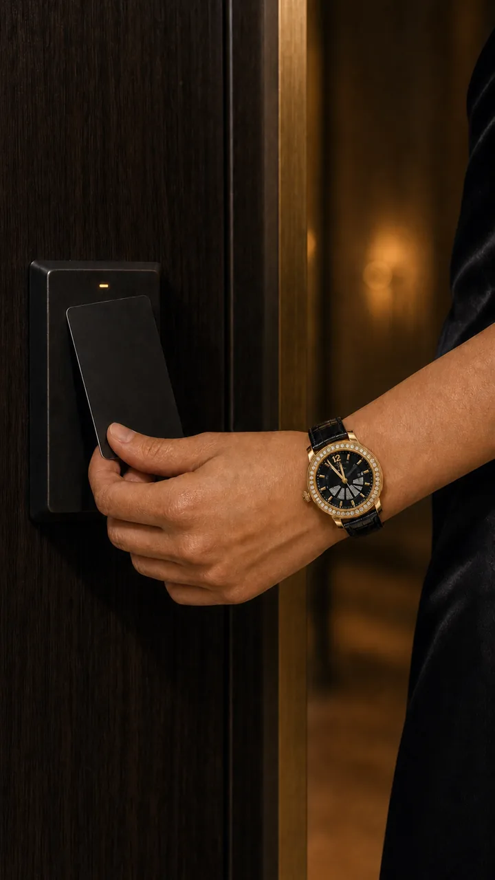 Watch visible while using a hotel keycard at 23:00
