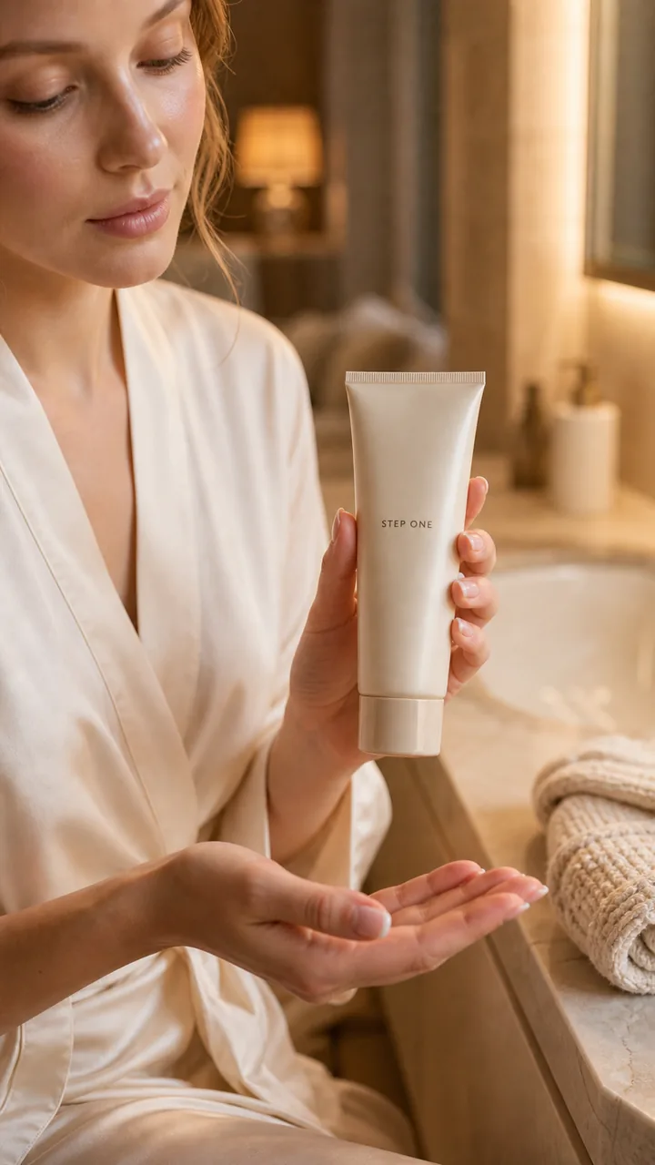 Model holding the skincare tube